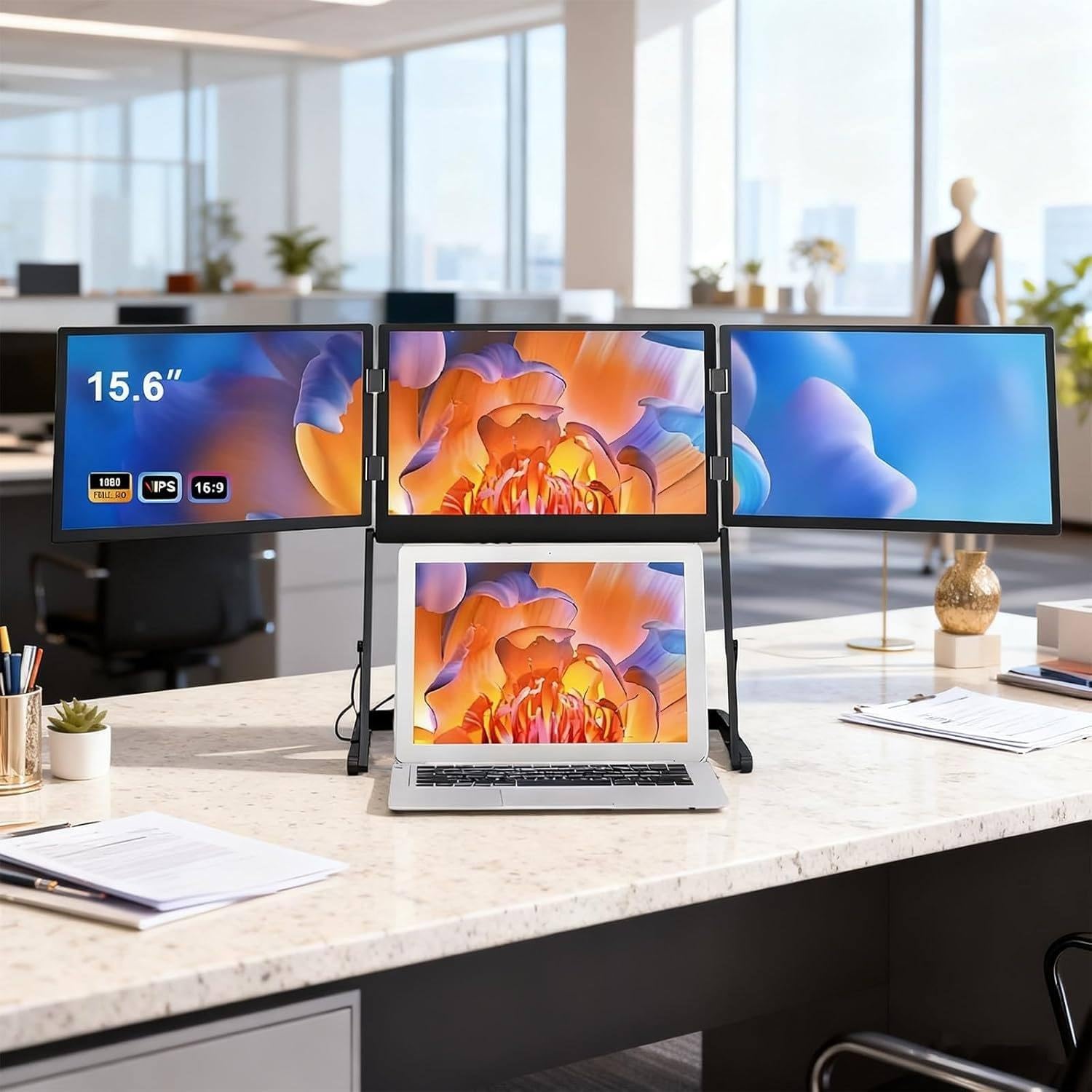 Estensore Monitor Triplo Portatile Da 15,6”, Estensore Monitor Triplo 1080P FHD Per Laptop, Monitor Portatile Per Notebook Con Rotazione A 360° E Angoli Di Visuale Regolabili