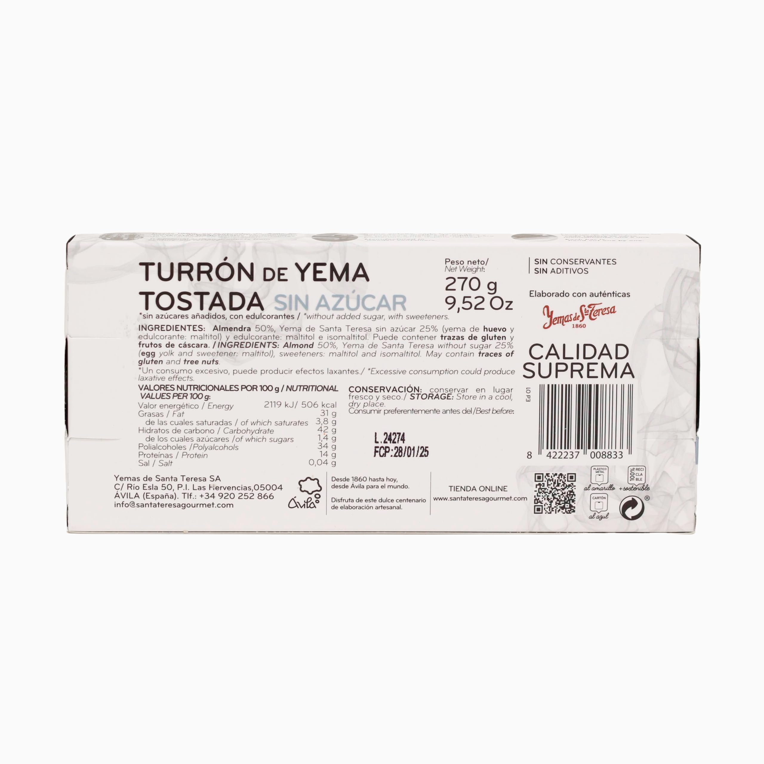 Turrón de Yema Tostada Sin Azúcar Santa Teresa 270g