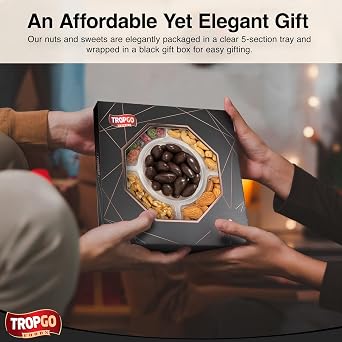 Tropgo 5 Sections Nuts and Sweets Gift Box - Gourmet Snack Box with Raw Walnuts, Raw Almonds, Mango Mini Cubes, Roasted Salted Cashews & Chocolate Almonds - Party Selection Gift Sets