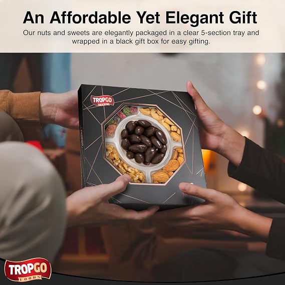 Tropgo 5 Sections Nuts and Sweets Gift Box - Gourmet Snack Box with Raw Walnuts, Raw Almonds, Mango Mini Cubes, Roasted Salted Cashews & Chocolate Almonds - Party Selection Gift Sets