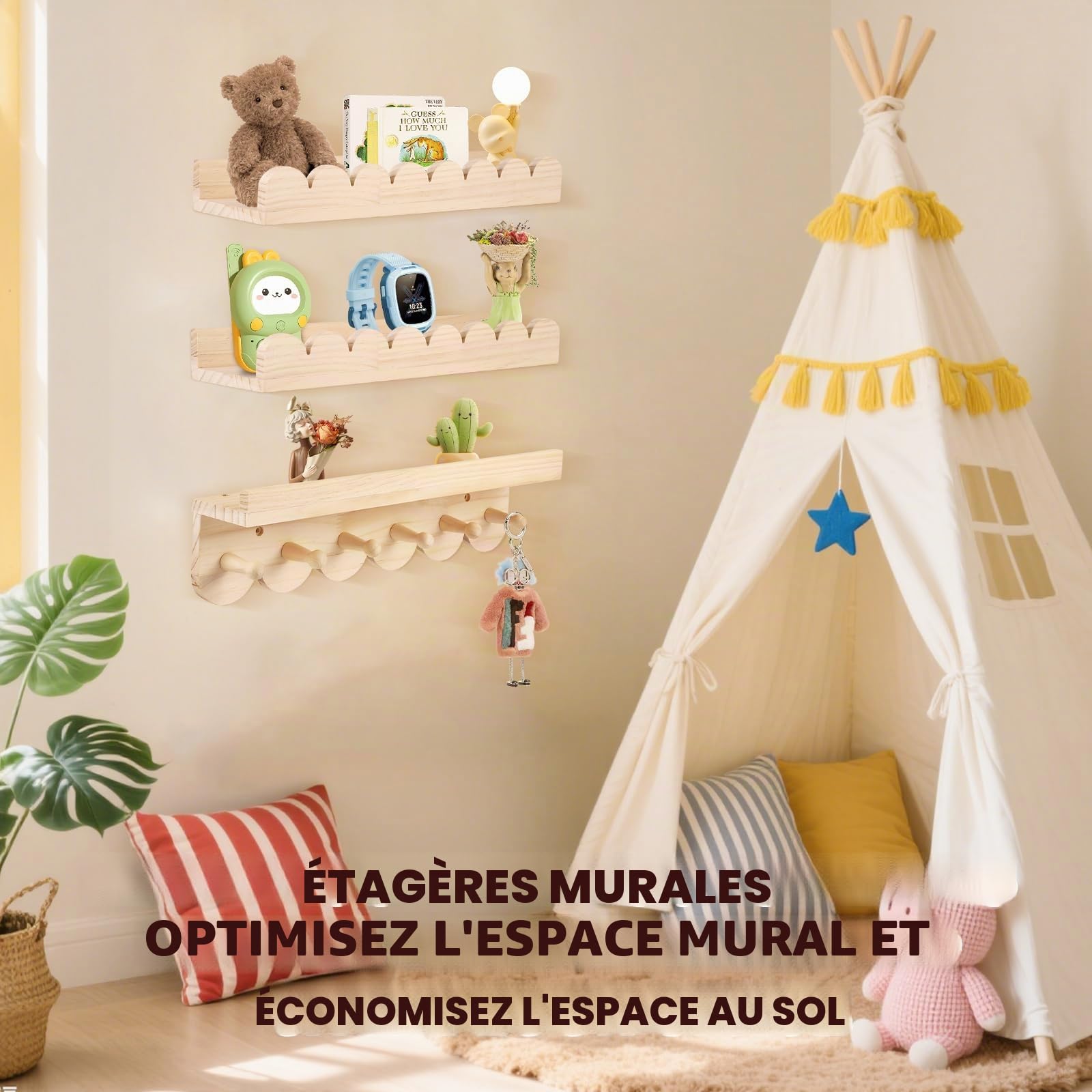 Lot de 3 Étagères Murales pour Livres pour Enfants, Étagère Murale pour Chambre d'enfant 40 cm, Étagère Murale en Bois pour Livres avec Crochets Flottants pour Chambre de Jeu Chambre à