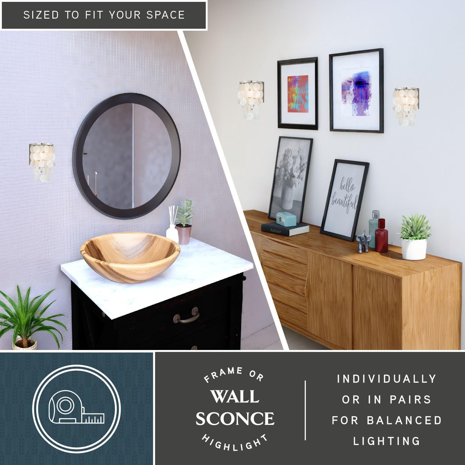 VAXCEL Elsa 1-Light 6.5 inch Wide Satin Nickel Glam Bathroom Vanity Lighting Fixture, Capiz Shell Shade, Dimmable, LED Compatible, Wall Mounted Steel Sconce