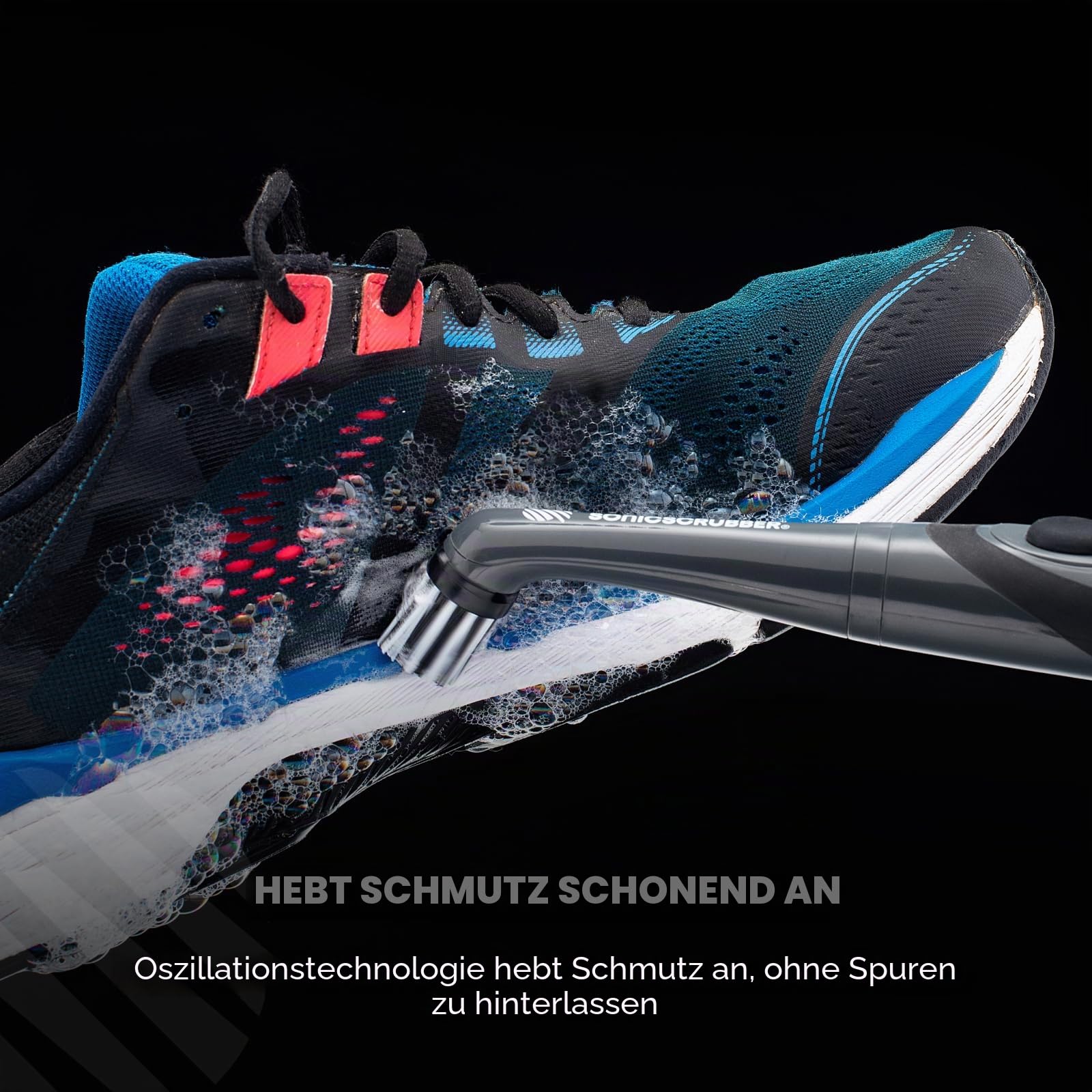 SonicScrubber Stiefelbürsten-Reinigungsset - Hochleistungsmotor - Wasserdicht - Leichtgewicht - Inklusive 4 Bürstenköpfen - Ideal für Outdoor-Schuhe - Schwarz und Blau