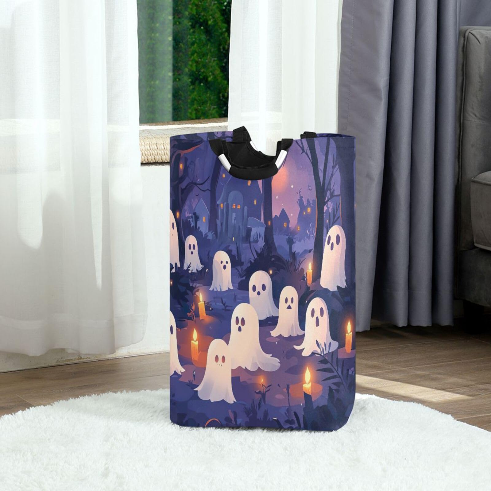 Jihqo Laundry Hamper Basket Halloween Ghost Collapsible Nursery Storage Bin Waterproof Clothing Baskets for Home Bedroom Bathroom Washing Room