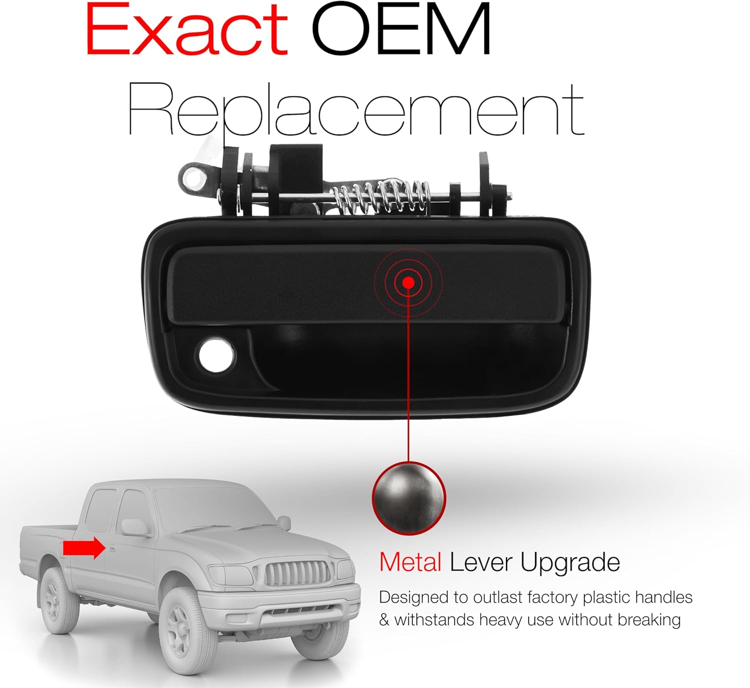 Exterior Front Passenger Door Handle Replacement, Upgraded Metal - Compatible with 1995-2004 Toyota Tacoma - Textured Black - OEM 69210-35020, 91318, TO1311117