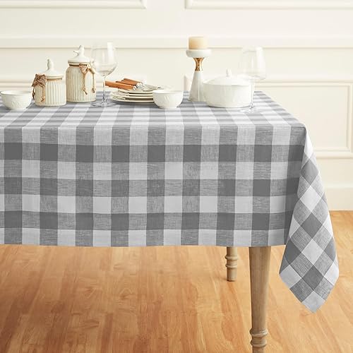 Solino Home Mantel a cuadros, de lino 100 % puro a cuadros, 60 x 120 pulgadas, color gris y blanco, para primavera, verano, interior, exterior,