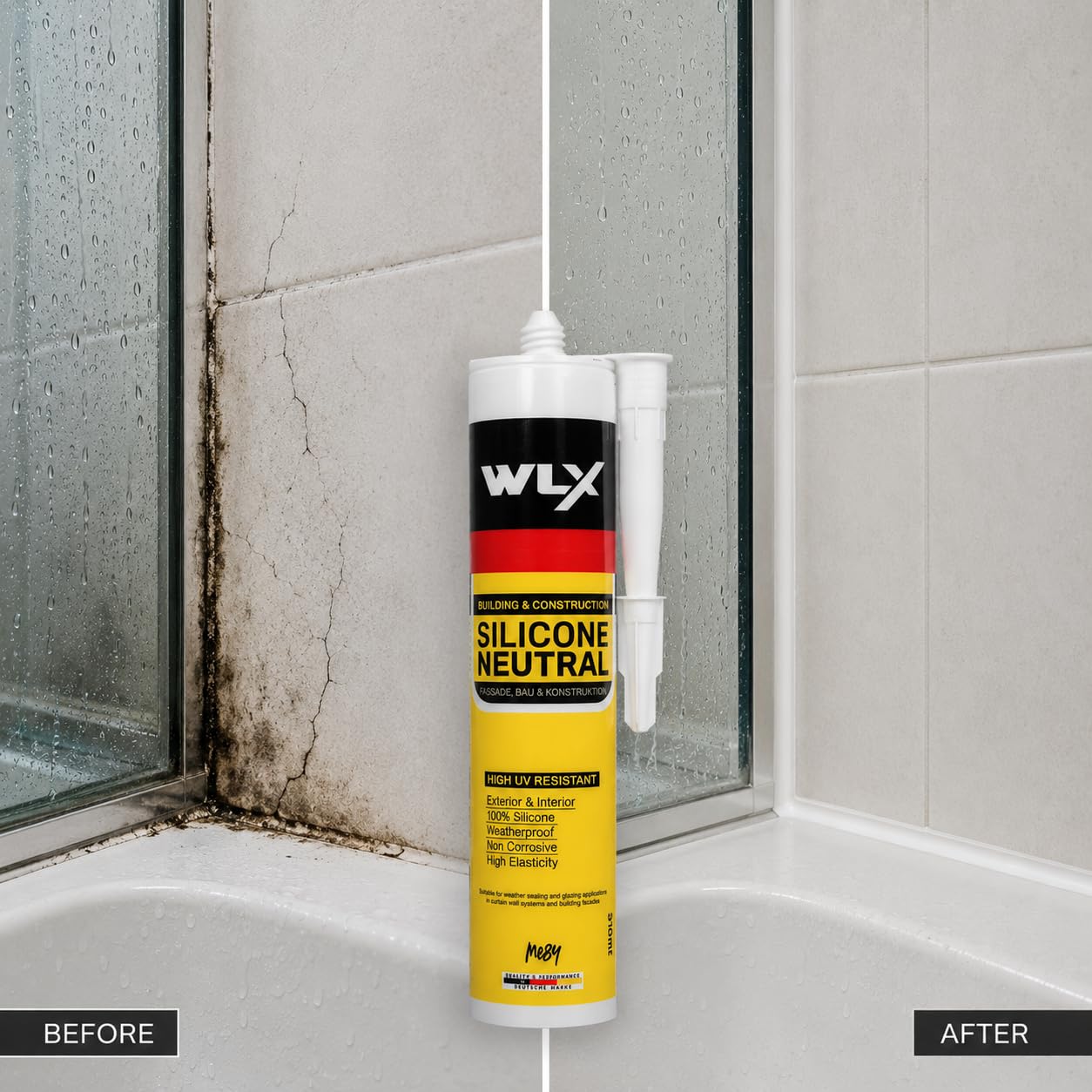 Silicone Neutro Trasparente - Resistente ai raggi UV, Antimuffa, Impermeabile - Sigillante per Bagno, Cucina, Finestra e Costruzione - 310ml (1)
