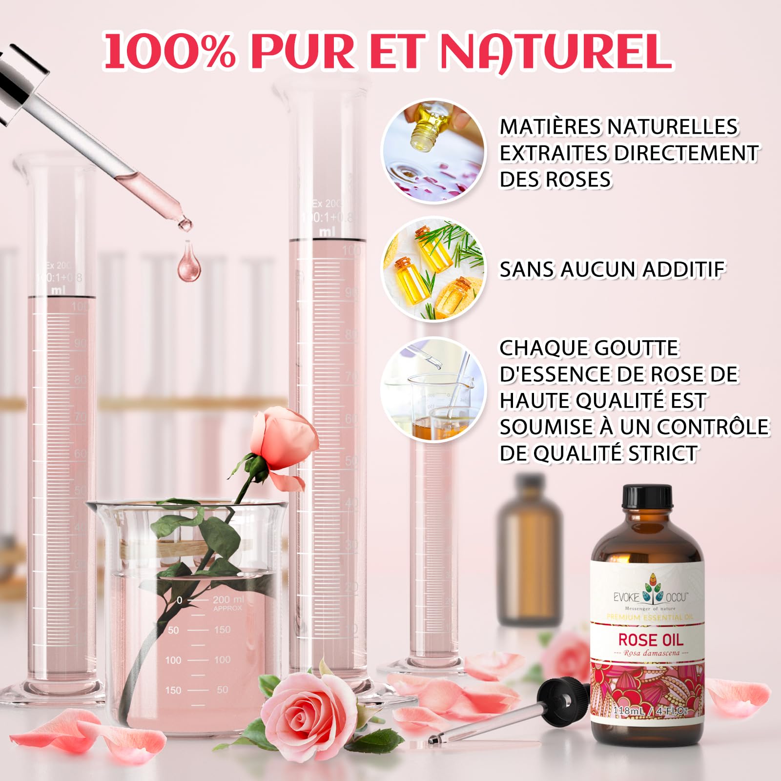 EVOKE OCCU Huile Essentielle Rose 118ml, Huile d'Aromathérapie Naturelle pour Diffuseur, Bougie de Parfum, Massage, Bricolage, Bain et Relaxation - 4 FL Oz
