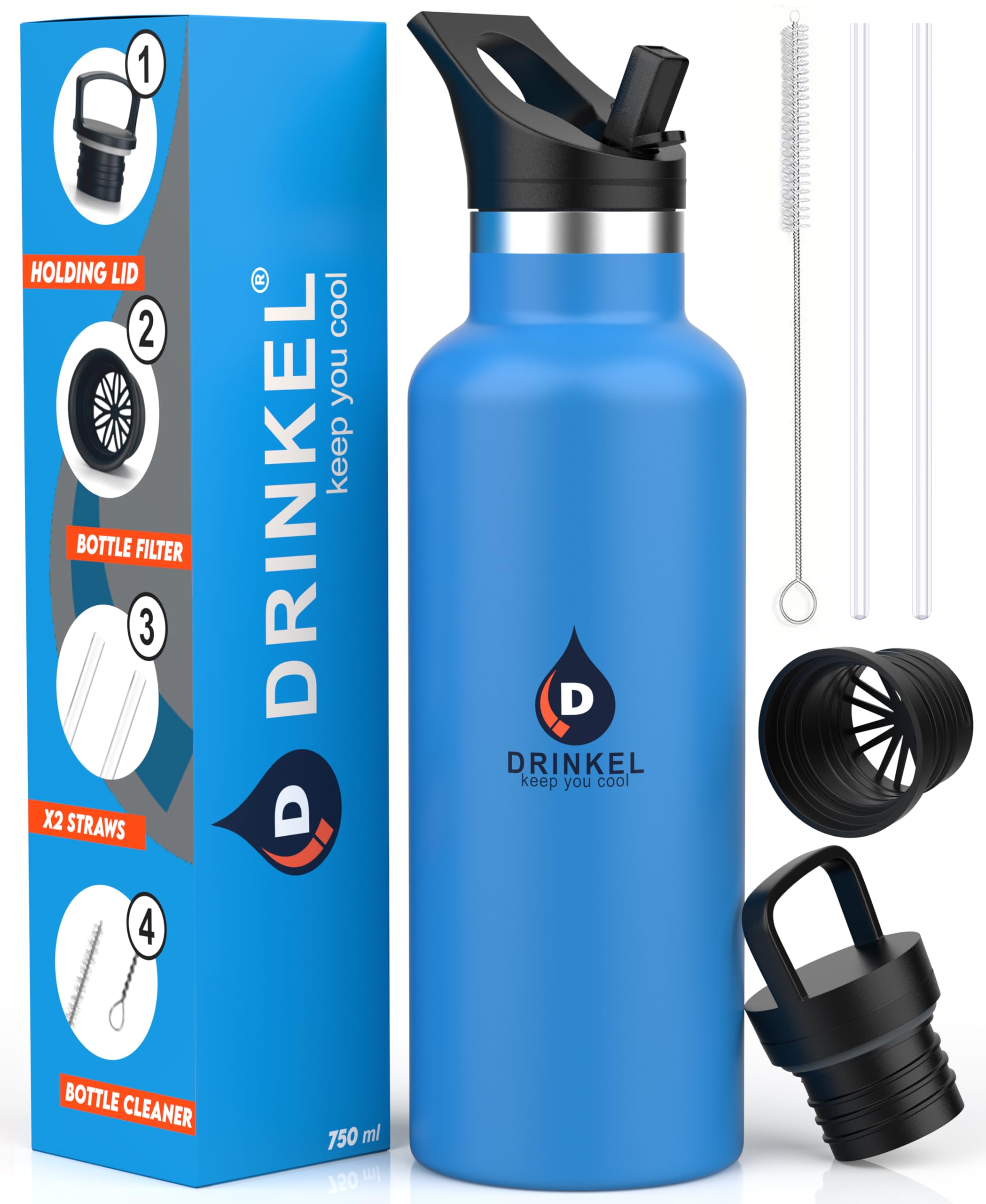 D Drinkel Stainless Steel Water Bottle with Straw,750ml Vacuum Insulated Sports Water Bottles for Cold and Hot, BPA-Free, Leakproof Metal Water Bottle with Extra Holding lid Gym Camping (Blue)