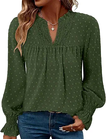BETTE BOUTIK Women Boho Long Sleeve Shirts Dressy Casual V Neck Fall Fashion Tops Swiss Dot Flowy Blouses