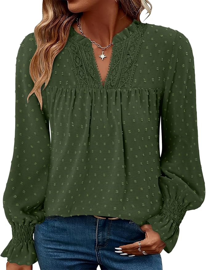 BETTE BOUTIK Women Boho Long Sleeve Shirts Dressy Casual V Neck Fall Fashion Tops Swiss Dot Flowy Blouses
