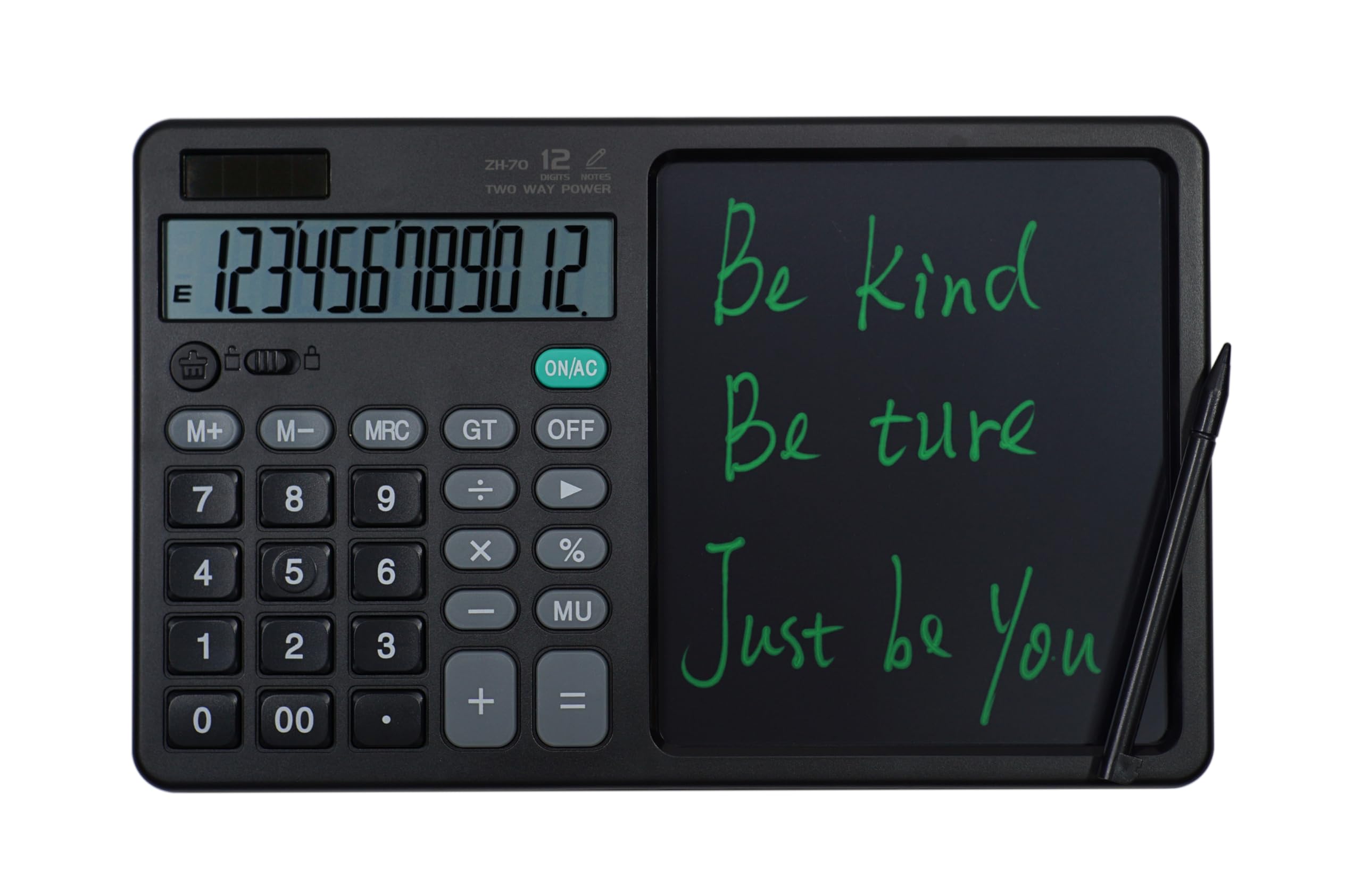 Desk Calculator Large Display with 7'' Erasable Writing Pad, 12 Digits Large Screen Display Jumbo Calculadora, Solar & Battery Powered Big Button