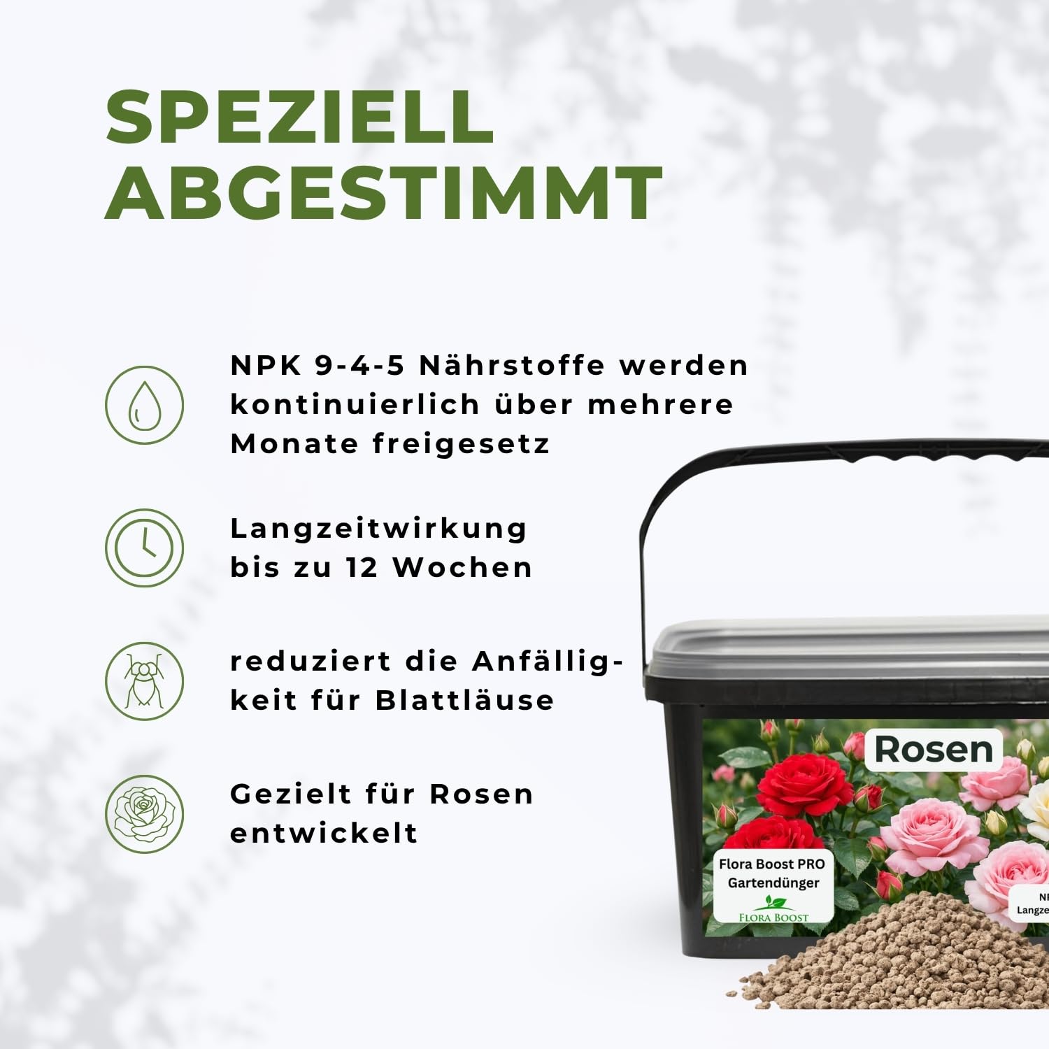 Flora Boost PRO Rosen Dünger 5 kg I Langzeitdünger für Edel-, Beet-, Kletter- & Strauchrosen I Granulat für üppige Blüten, kräftiges Wachstum & gesunde Rosen