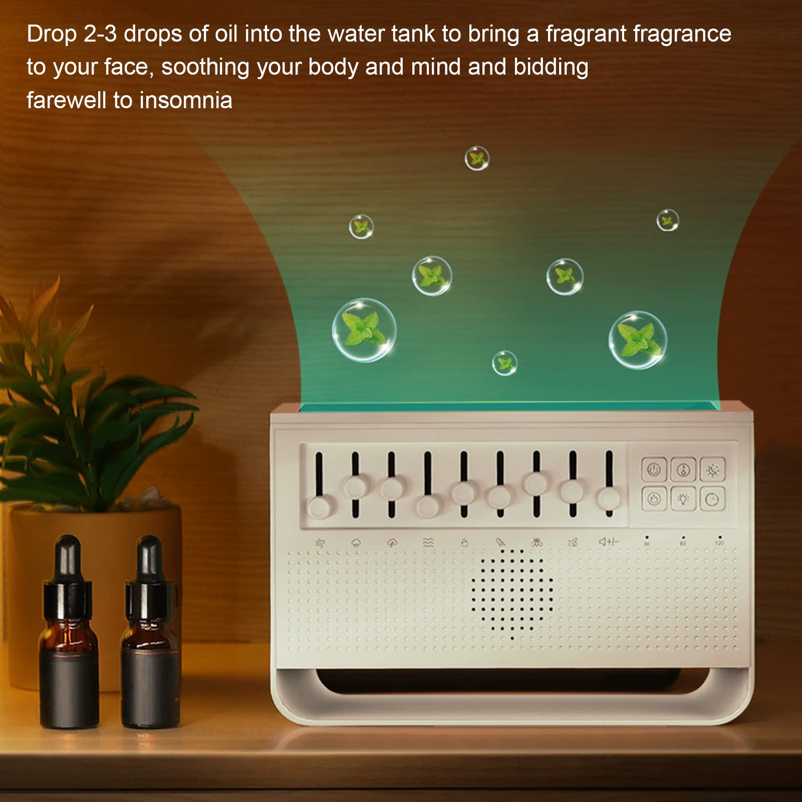 Diffuseur de Flamme de Bruit Blanc, Humidificateur de Lumière Nocturne avec 3 en 1 Machine au Son, Aromathérapie, 8 Sons, Boîte de Sommeil USB pour la Maison, Bureau, Minuterie
