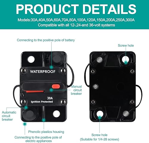 Miniatura 4 de Disyuntor impermeable de 30 amperios, con reinicio manual, 12 V-48 V CC, para motores marinos de arrastre de automóvil, barco, ATV, protección de