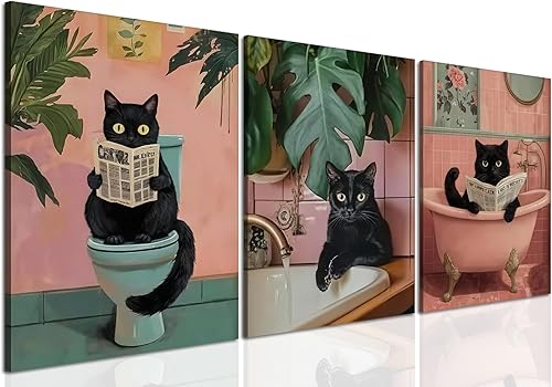 Divertido juego de 3 pinturas artísticas de pared de gato rosa maximalista lindo gato negro, decoración de pared de baño, póster ecléctico de