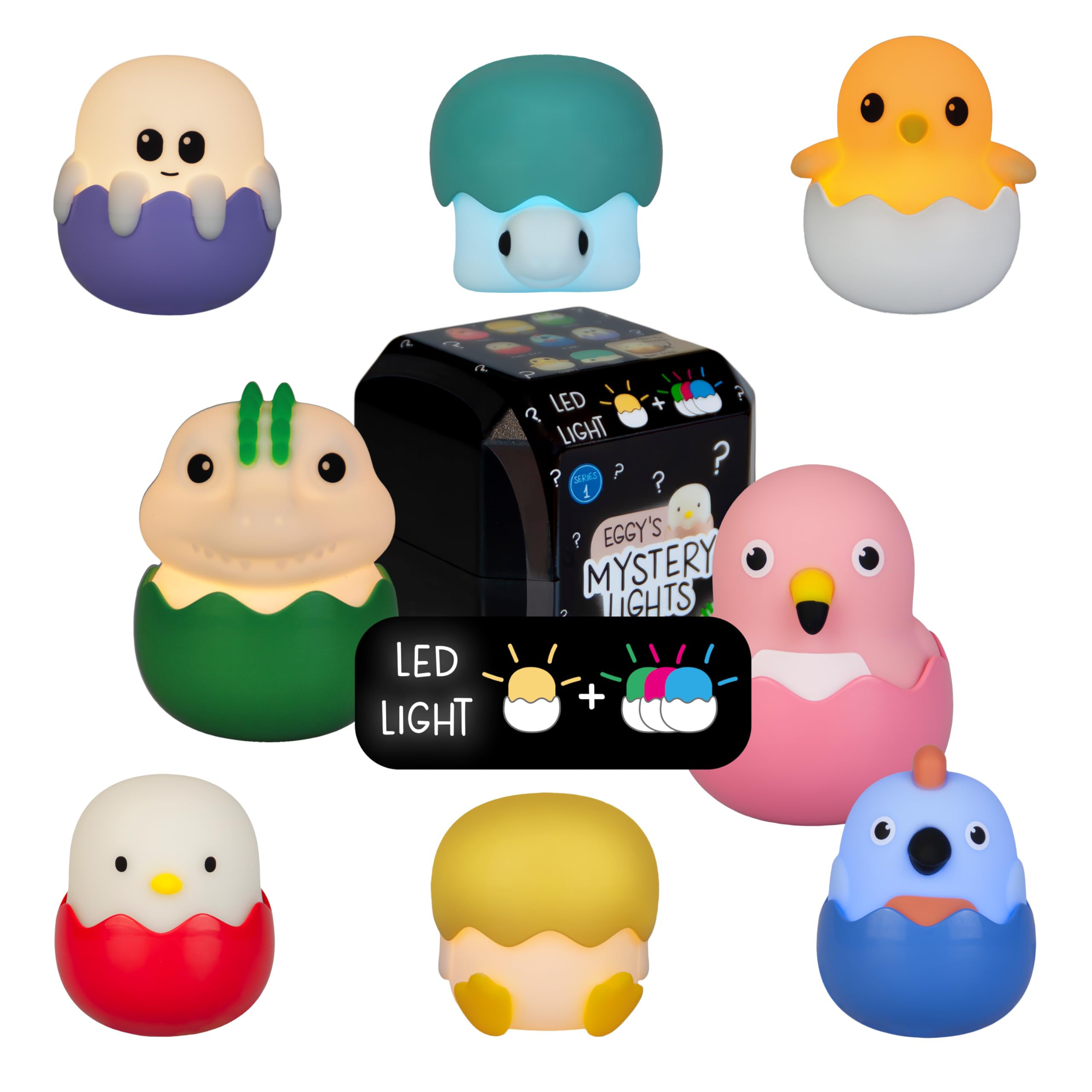 MegaLight Blind Box Mini Nachtlichter für Kinder | Mystery Box | zufällige Figurenauswahl | 1 aus 9 zum Sammeln | USB-C AKKU | wiederaufladbar | stufenlos dimmbar | mit Anhänger| EGGY'S Mystery Lights