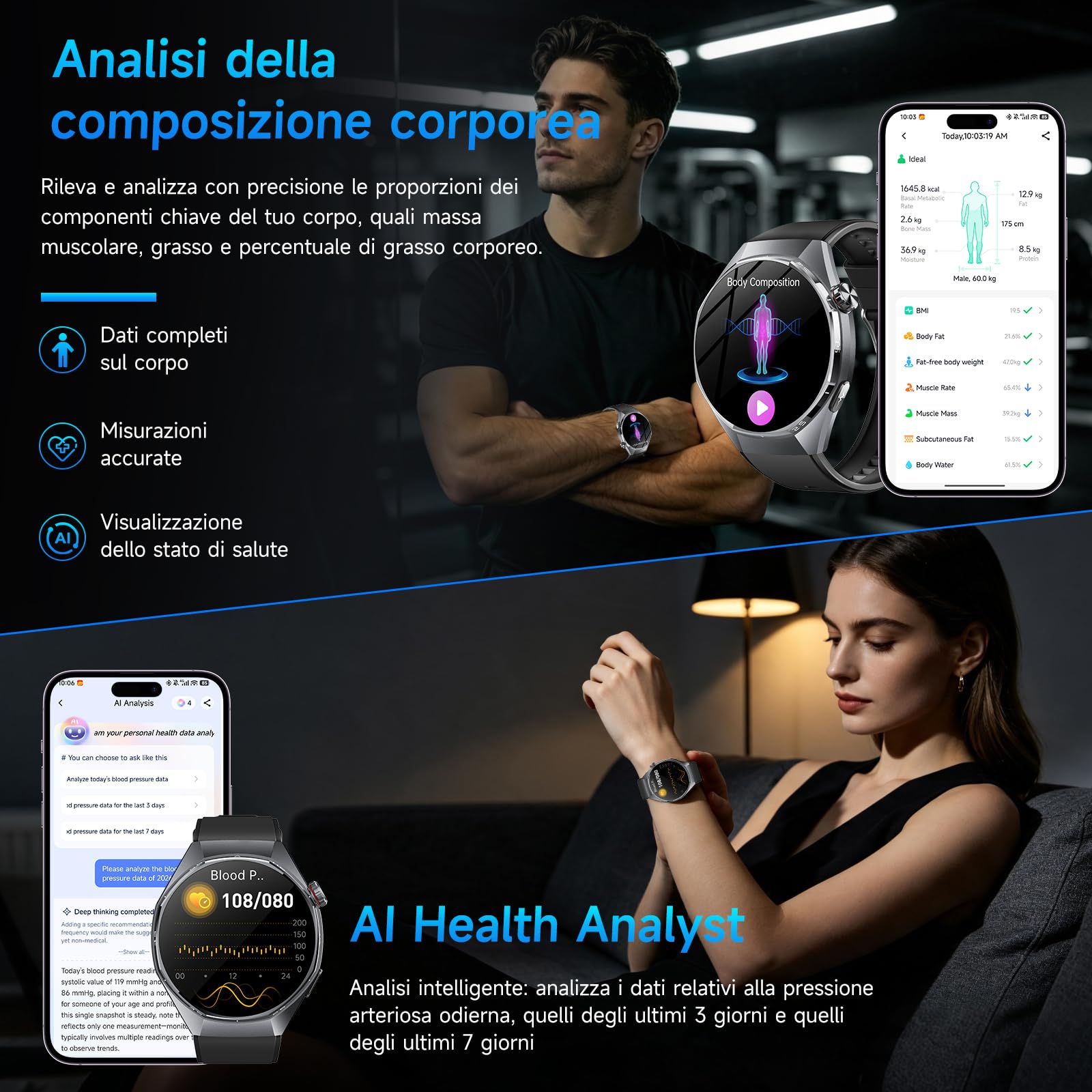 Smartwatch Uomo Con ECG/Pressione Sanguigna/AI Salute/Micro-Check-Up,Nero