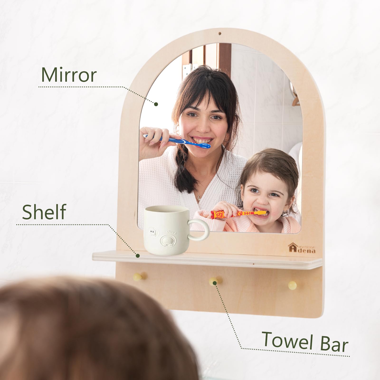 Adena Montessori Montessori - Espejo para niños pequeños con 3 Ganchos, Espejo de Pared de Madera Seguro para Cuidado Personal, Almacenamiento y decoración
