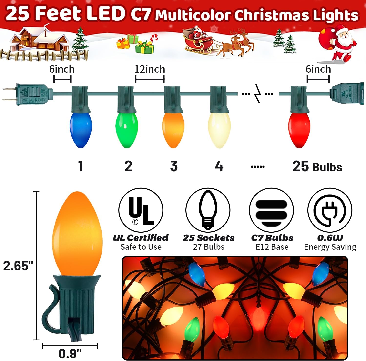 Christmas Decorations - C7 LED Christmas Lights Outdoor, 25Ft Vintage Christmas Lights Multicolor LED Christmas Tree Lights Shatterproof with 25+2 Bulbs for Christmas Tree Home Yard Decor, 0.6W