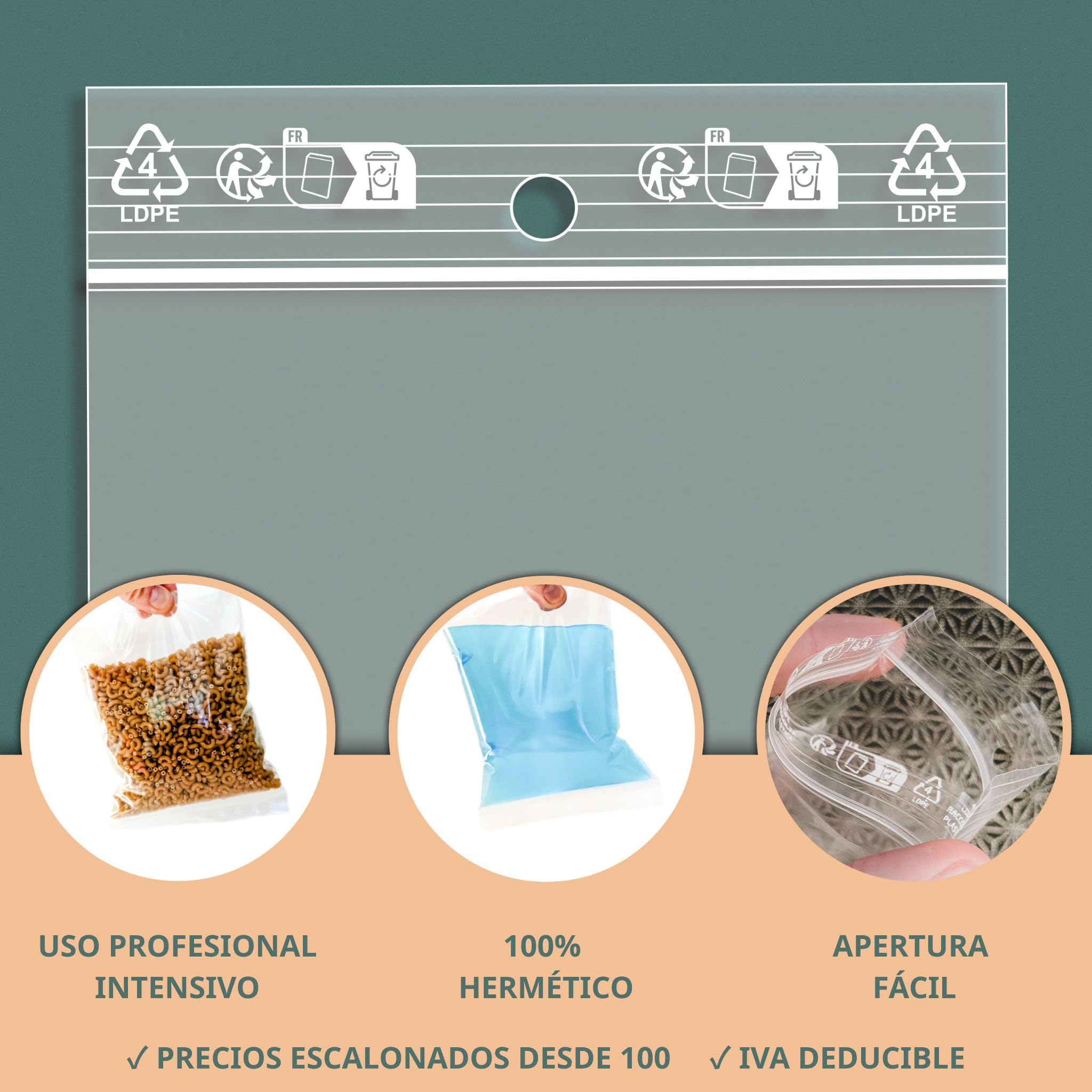 PACKY - Bolsas Zip 25x35 cm - 100 Unidades - Autocierre - Plástico Transparente - Alimentos