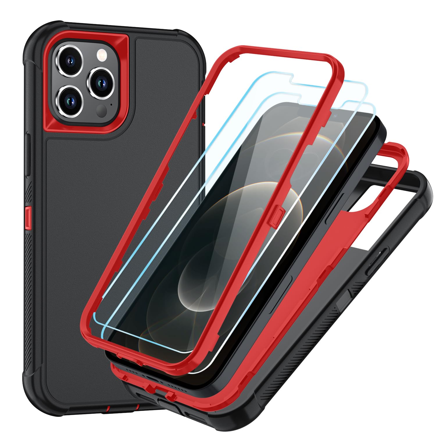 SunStory Compatible with iPhone 12 Pro Max Case with HD Screen Protector, 3-Layer Heavy Duty Full-Body Cover,3 in 1 Hybrid Protective Case for iPhone 12 Pro Max 6.7",BlackRed