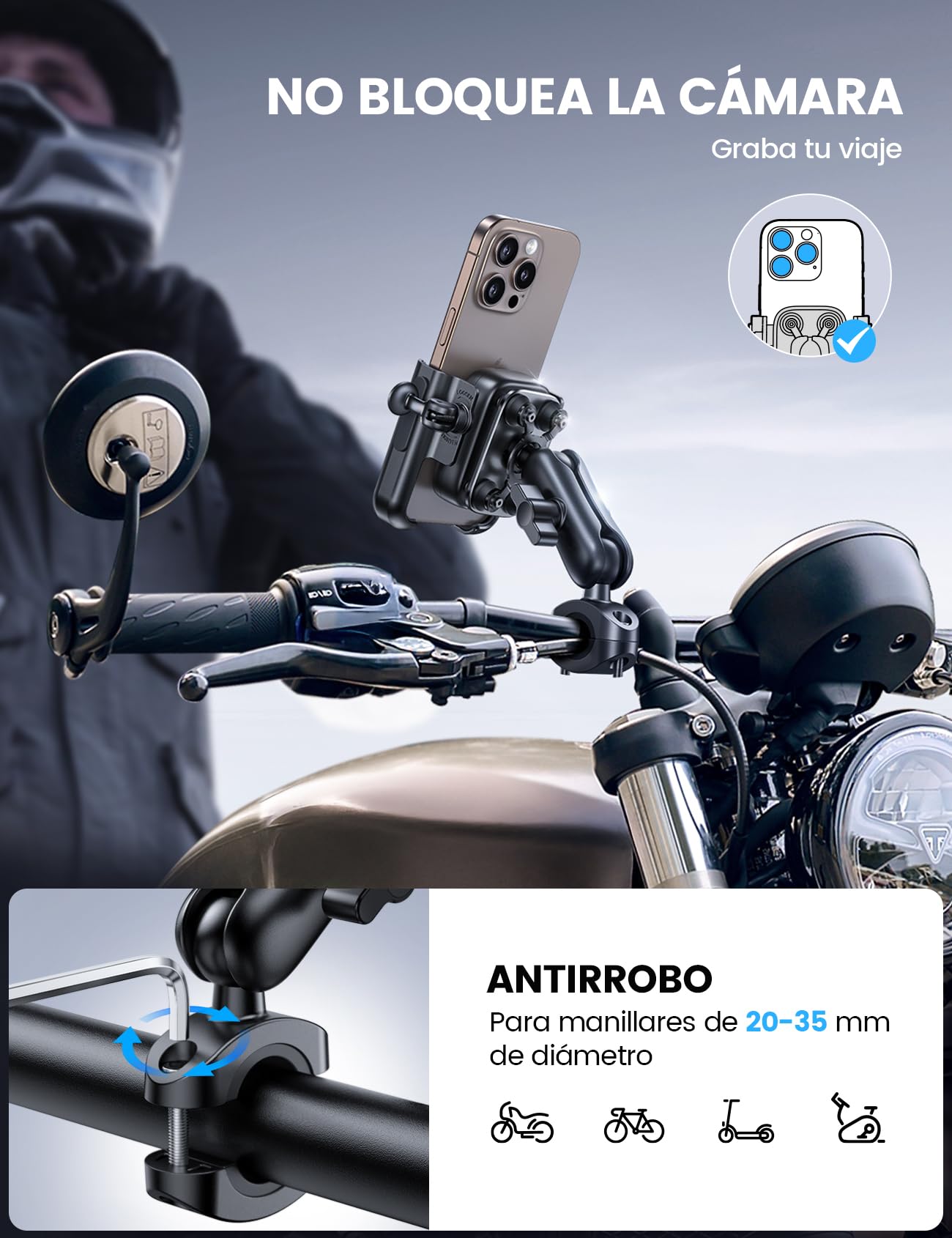 Lamicall Soporte Móvil Moto - [Metal Completo] [Antivibración] [Brazo Extensible] Antirrobo, 2 x 360° Rotación, Soporte Móvil Bicicleta de Manillar, para iPhone 17 16 15 y Otro Smartphone de 4,7-7,2"