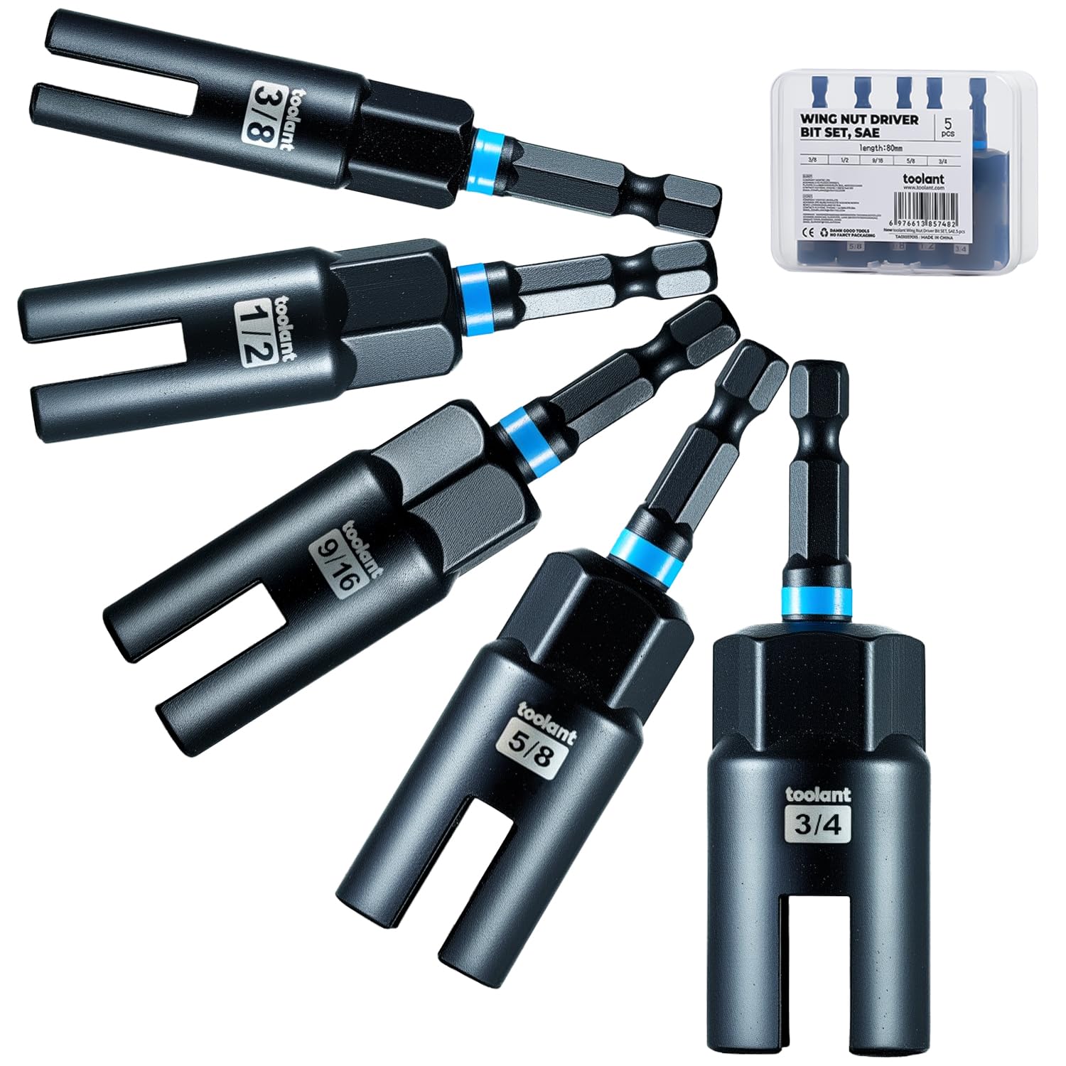 toolant Wing Nut Driver Set 5PCS (3/8", 1/2", 9/16", 5/8", 3/4"), CR-V Impact Driver for Wing Nuts, Eye Bolts, Hook Screws &amp; Hex Nuts, 1/4" Hex Shank, Deep Slot, Anti-Rust Finish