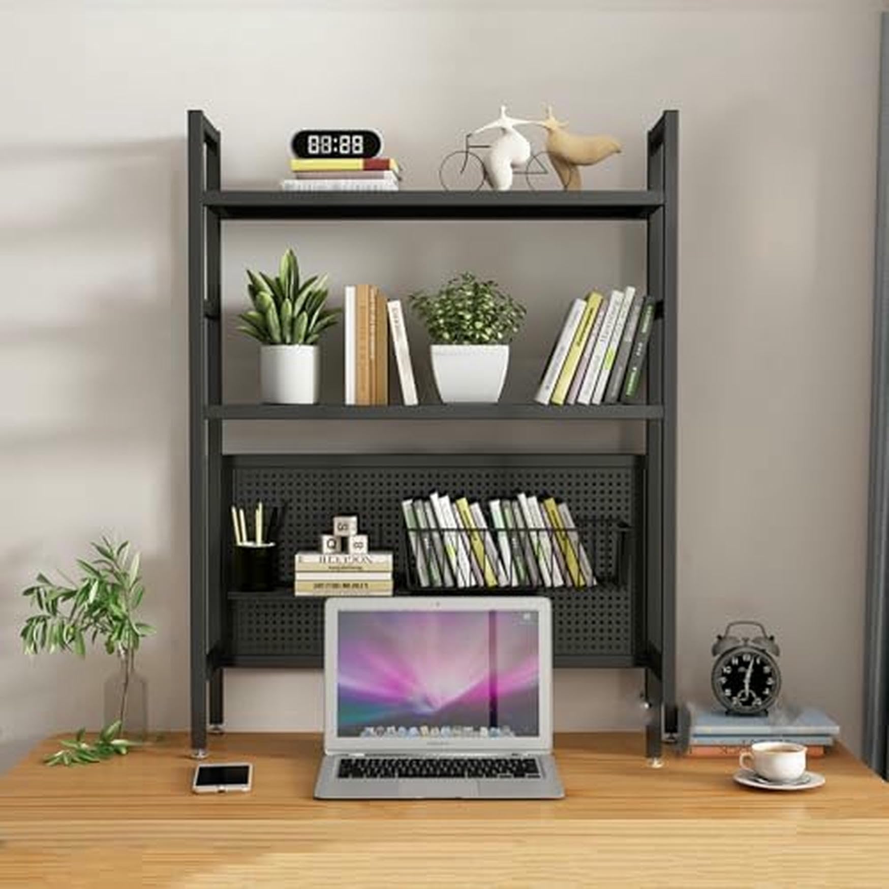 CWCQGH Black Desktop Hutch & Bookshelf - 95cm Student Pegboard Bookcase for Dormitory & Home Office - Computer Desk Storage Rack & Display, Single Layer Organization Solution,Black Double Layer-75cm