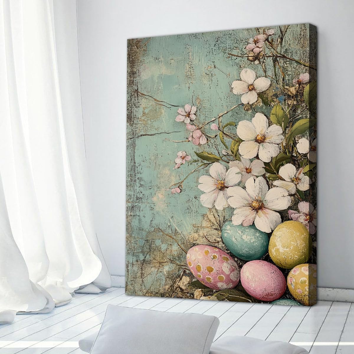 YUNART Duża dekoracja pisanek vintage kwiatowy botaniczny styl farmhouse płótno oprawione do łazienki 60 x 90 cm rama wewnętrzna