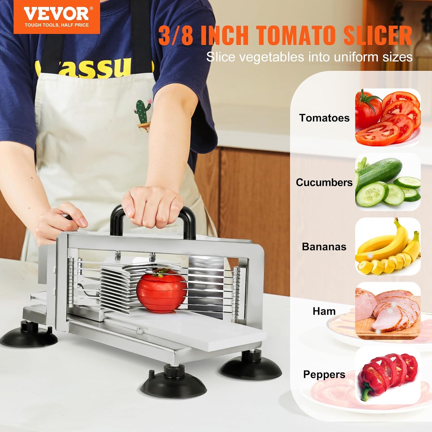 VEVOR Commercial Tomato Slicer, 3/8 inch Tomato Cutter Slicer, Stainless Steel Heavy Duty Tomato Slicer Machine, Manual with Non-slip Feet, for Cutting Tomatoes, Cucumbers, Bananas