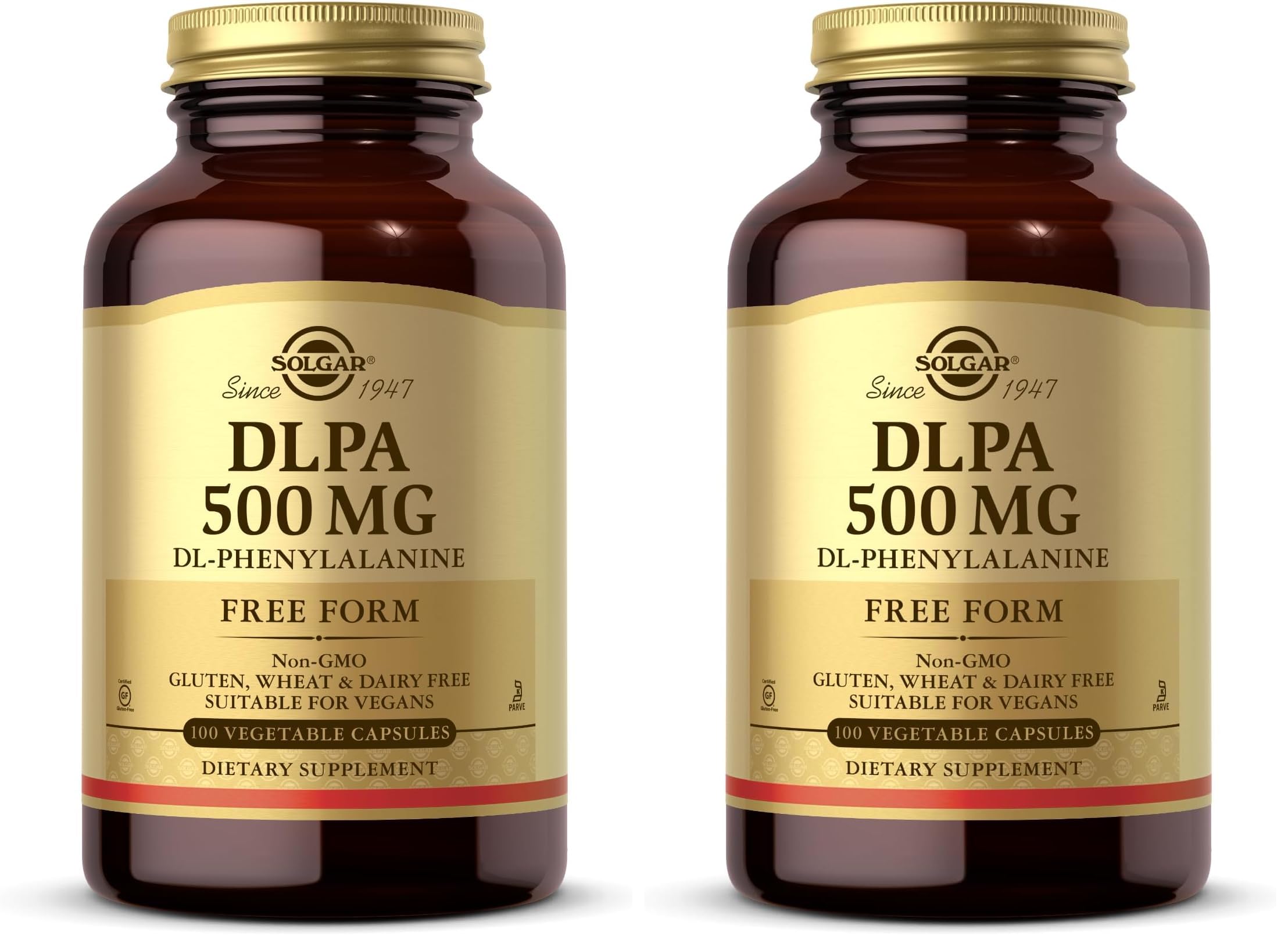 Solgar DLPA 500 mg, 100 Vegetable Capsules - Free Form DL-Phenylalanine - Supports Central Nervous System - Vegan, Gluten Free, Dairy Free, Kosher - 100 Servings (Pack of 2) 100 Count (Pack of 2)