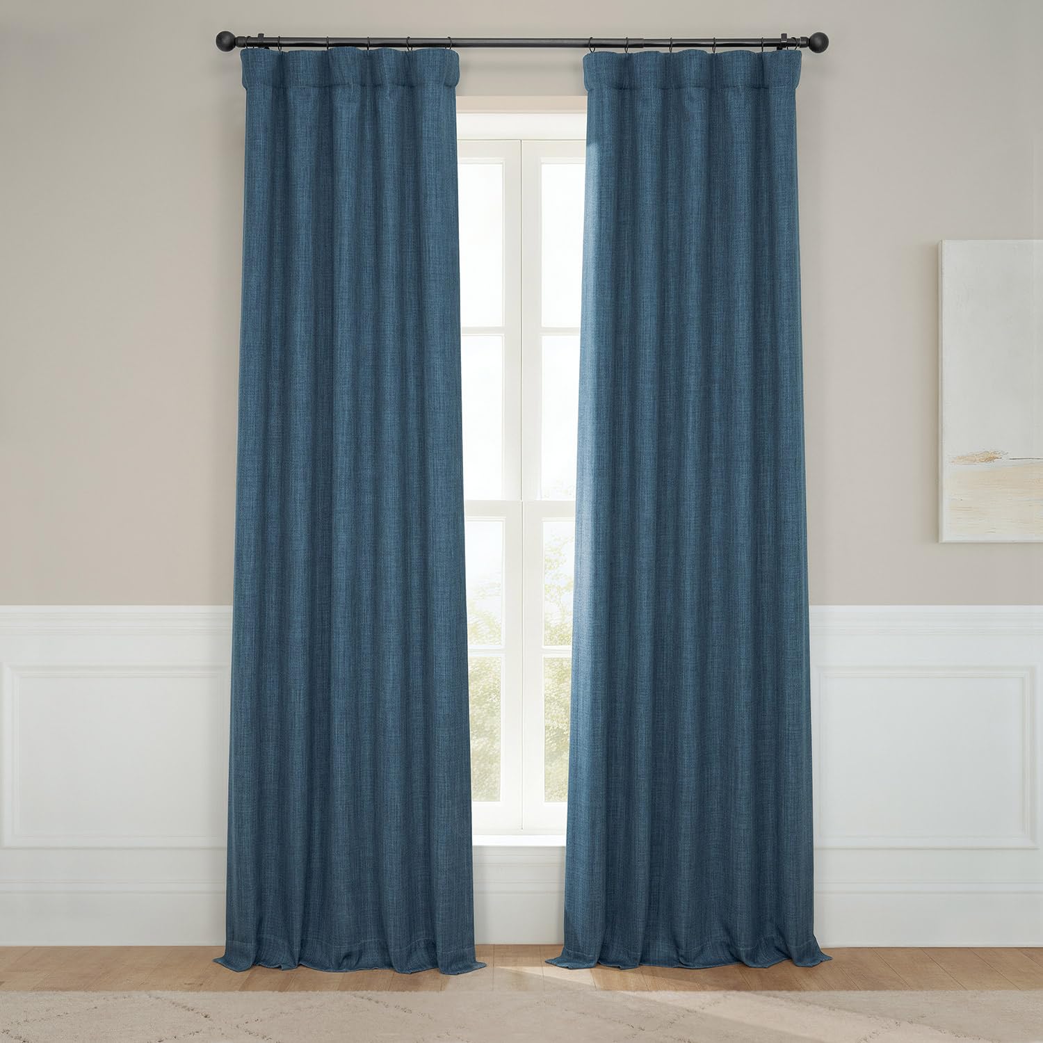 HPD Half Price Drapes Faux Linen Room Darkening Curtains - 96 Inches Long Luxury Linen Curtains for Bedroom & Living Room (1 Panel), 50W X 96L, Story Blue