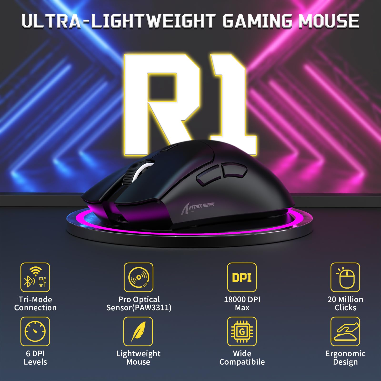 MAMBASNAKE x ATTACK SHARK Przewodowa Klawiatura i Mysz Do Gier, 59g Superlight PAW3311 Wireless Mice, Klawiatura Magnetyczna Mini 65% Rapid Trigger z Kablem Spiralnym 8Khz, QWERTY do PC -StarBlack