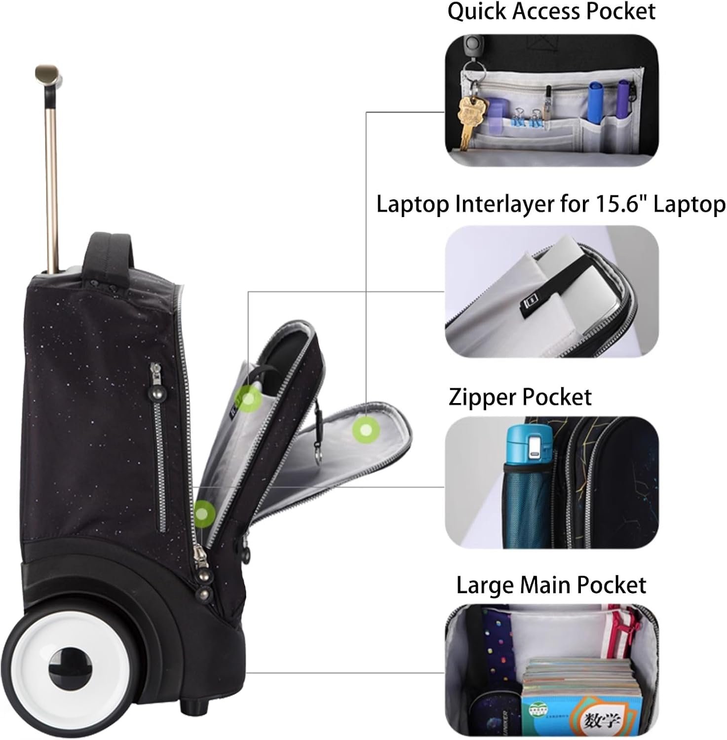 Rolling Bag with Quiet Wheels, Water Resistant Wheeled Laptop Backpack, Silent Wheel Travel Backpack for Women Men,T5- Spacewalk