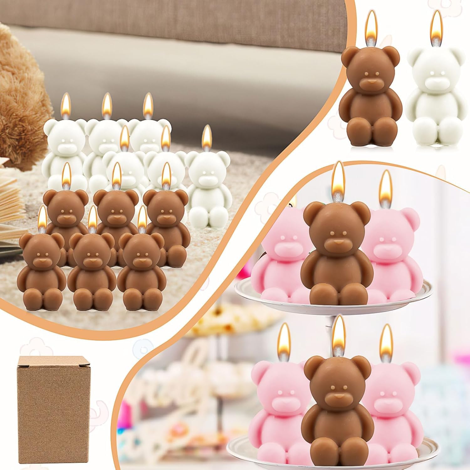 30 Candele Regalo per Invitati alla Baby Shower, Candele Decorative a Forma di Orso, Regali per Nascita, Battesimo, Compleanno, Cera d’Api in Massa per Festa e Decorazione (Bianco, Rosa, Marrone Scuro