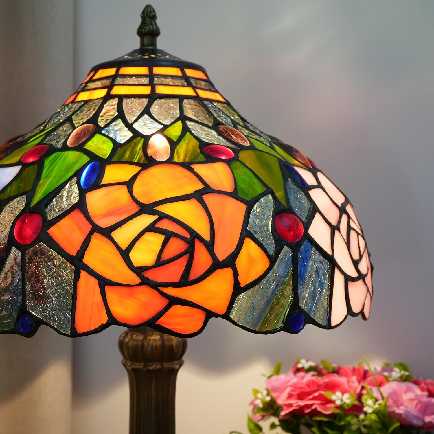 Tiffany Style Stained Glass Lamp Red Orange Purple Pink Rose Table Lamp Bedroom Bedside Reading Desk Light for Living Office Retro Unique Cute Accent Decor 12" Village Gift Nightstand Lamps