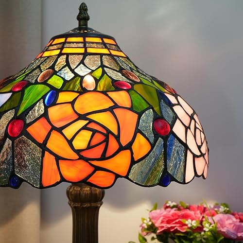 Miniatura 7 de Lámpara de mesa estilo Tiffany con vitrales rojos, naranjas, morados, rosas, rosas, para dormitorio, mesita de noche, luz de escritorio para sala de