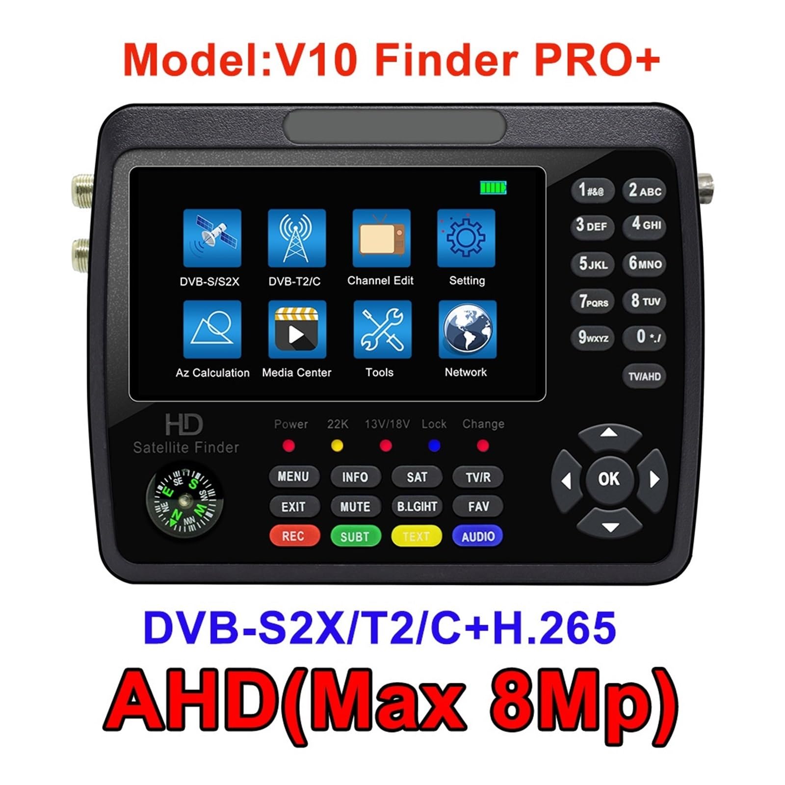 V10 Finder Pro+ Misuratore combinato di ricerca satellitare DVB-S/S2/S2X/T/T2/C/H.265+AHD (8MP)