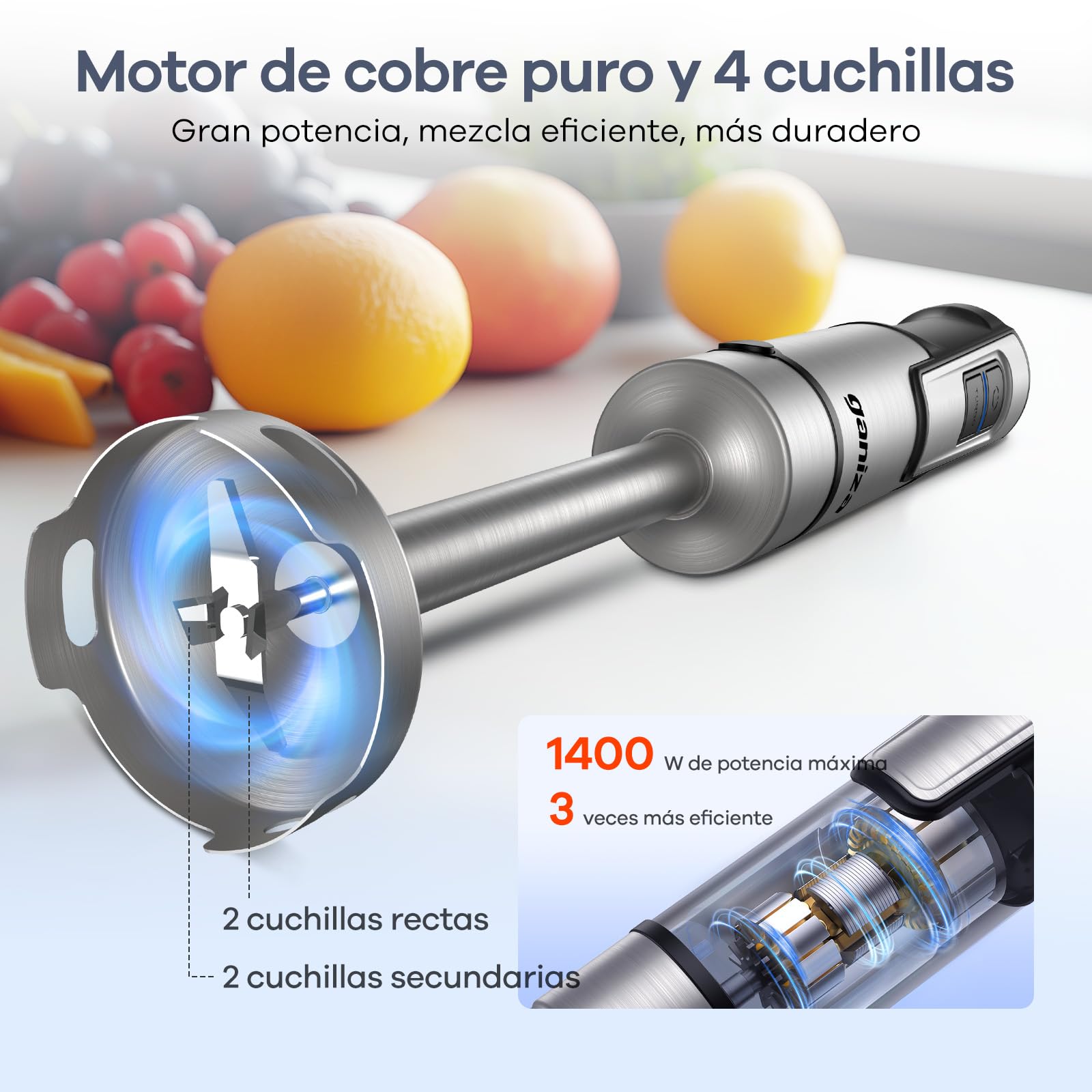 Ganiza Batidora de Mano 5 en 1, 1200 W, con control de velocidad y función turbo, Acero inoxidable e incluye picadora, batidor de varillas, espumador de leche y vaso medidor