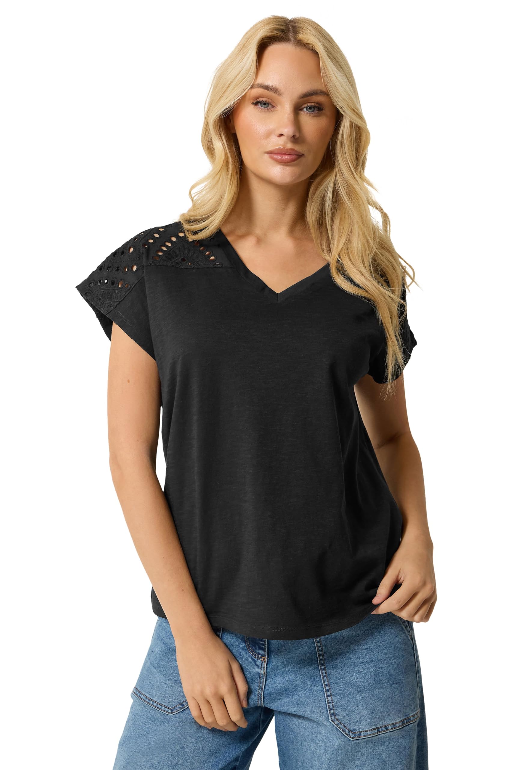 M&Co Broderie V-Neck Cotton T-Shirt - Women's Black