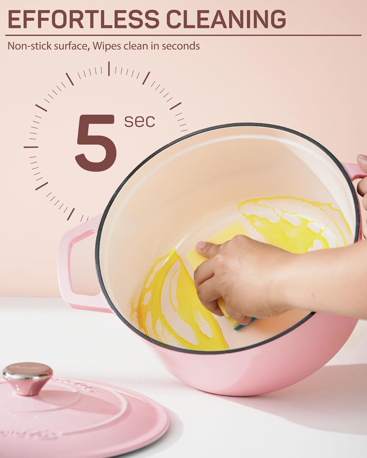 6 QT Dutch Oven Pot with Lid, Enameled Cast Iron Dutch Oven for Bread Making, Braiser, Cooking, Dual Handles, Oven Safe up to 500° F or on Stovetop, Gifts for Family - Pink