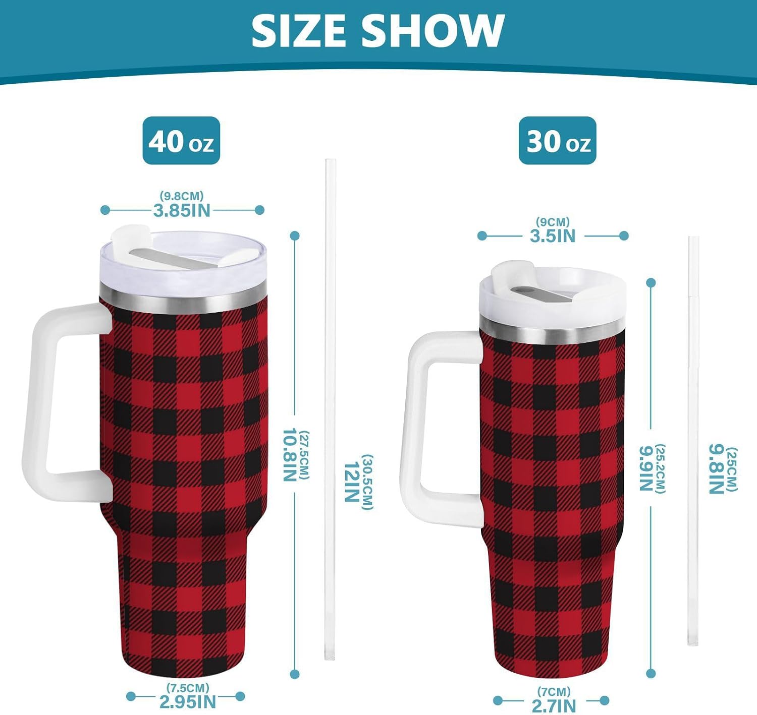 Pigsaly Vintage Gingham Buffalo Check Plaid 40oz Stainless Steel Vacuum Insulated Tumbler With Lid And Straw Red Black Striped Geometric Tumbler With Handle Double Wall Vacuum Travel Coffee Mug Wate