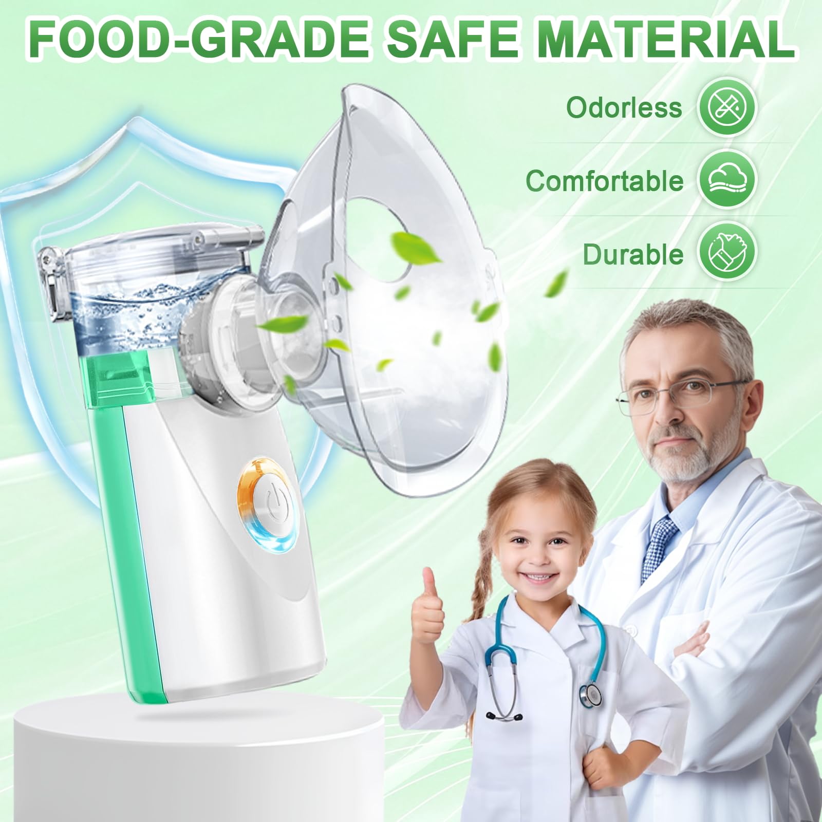 Aérosol pour Toute la Famille – Nébuliseur Ultrasonique pour Enfants, Adultes et Bébé, Inhalateur avec 2 Masques et Embout Buccal, Piles non incluses, Vert