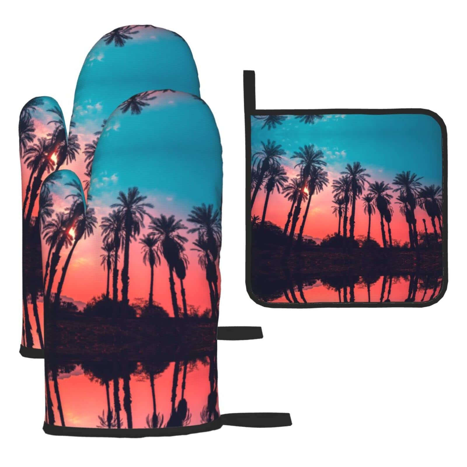 Palm Tree Sunset Oven Mitts and Pot Holder Kitchen Set for Grilling, Cooking, Baking, Heat Resistant
