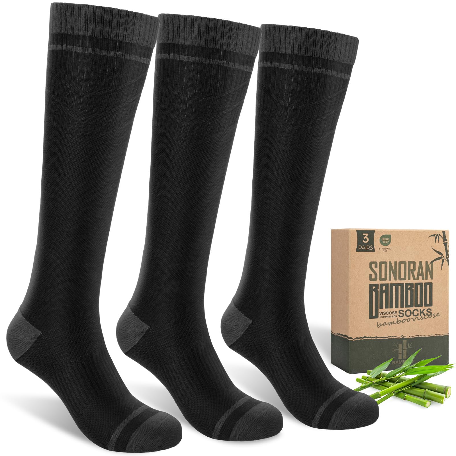 SONORAN Bamboo Viscose Compression Socks for Women & Men (3 Pairs) 15-20 mmHg Knee High Support for Nurses, Travel, Pregnant