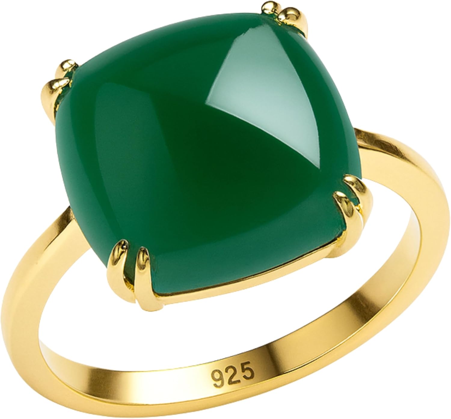 Green Onyx Sugar Loaf Ring 12x12mm – 925 Solid Sterling Silver with 3 Micron Gold Plating – Natural Gemstone, Scandinavian Handmade Fine Jewelry for Women