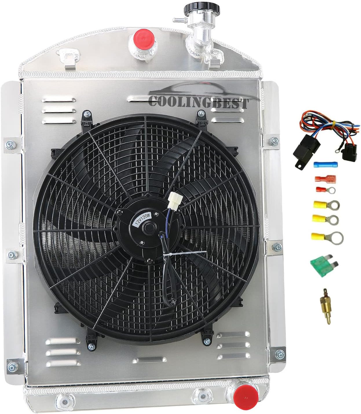 62MM 4 ROW ALUMINUM RADIATORS REPLACEMENT FOR 1941 1942 1943 1944 1945 1946 CHEVY PICKUP TRUCKS SMALL BLOCK V8 RADIATOR ELECTRIC FAN SHROUD THERMOSTAT KIT COMBO