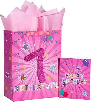 Loveinside Birthday Pink Gift Bag with Tissue Paper, Gift Tag and Greeting Card for 7th Girls, Kids, Party and More, 10" x 5" x 13", 1 Pcs, 7 Years Old