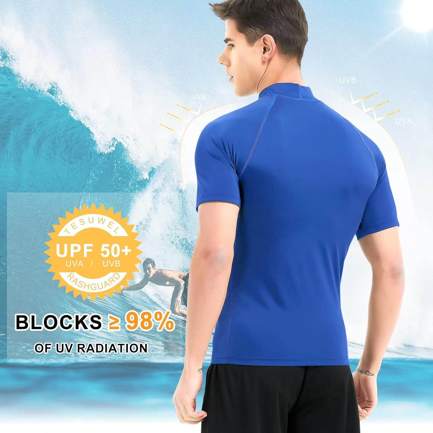 Mens Rash Guard Long Sleeve Swim Shirts for Men UPF 50+ UV Protection Compression Short Sleeve Water Shirts Quick Dry - Image 3